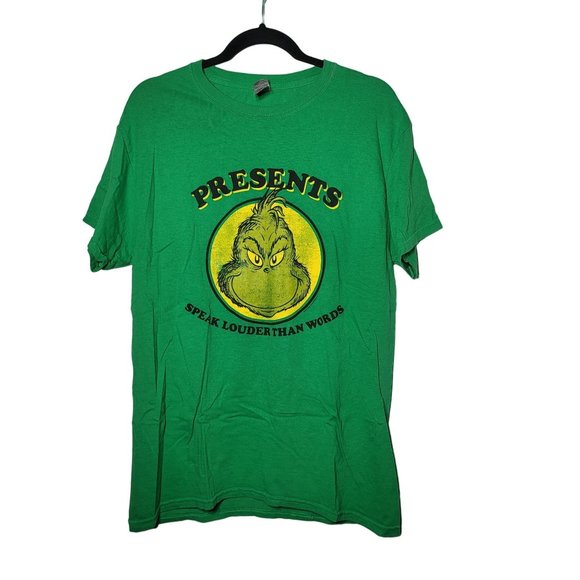Gildan Mens Presents Speak Louder Than Words Grinch Graphic Shirt Size Medium - Picture 1 of 9